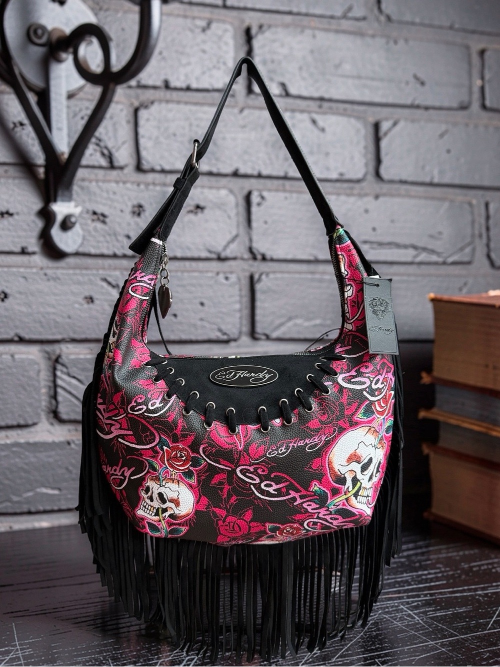 Ed Hardy NWT Black & Pink Skull & Roses Hobo Fringe Shoulder Bag (P265)